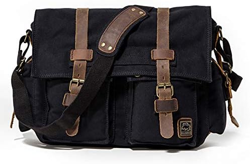 Sechunk Vintage Military Leather Canvas Laptop Bag Messenger Bags Medium
