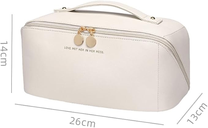 Travel Makeup Bag, Large Capacity Cosmetic Organizer Bags for Women, Waterproof PU Leather Toiletry Bags, Wide Open Flat Makeup Case with Divider and Handle