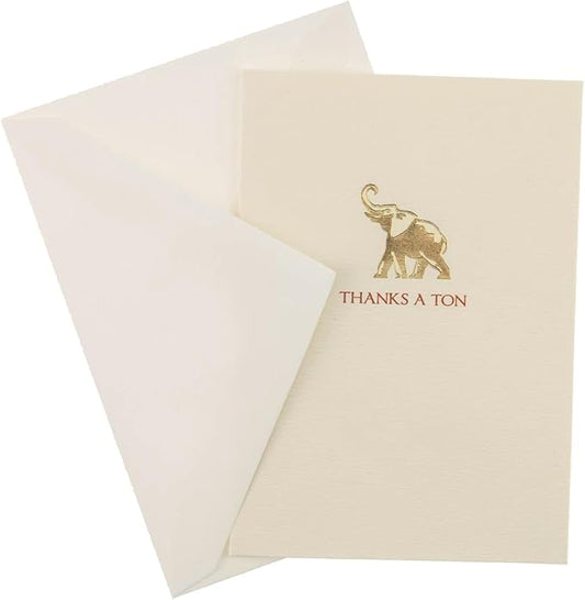 Graphique Elephant La Petite Presse Boxed Notecards - 10 Embossed and Embellished Gold Foil "Thanks a Ton" Elephant Notes with Matching Envelopes, 3.25" x 4.75