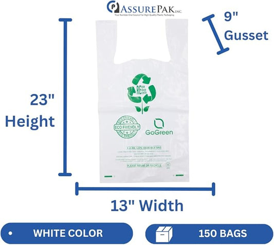 White Reusable/Eco-Friendly LDPE T-Shirt - 1/5 BBL 13"X9"X23" - 150 Bags - 57 Micron (2.25 mil) - White - WHLD225MREUSE1323 - AssurePak