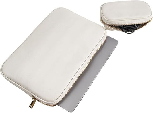 PU Leather Padded Laptop Sleeve Bag 13Inch Compatible with 2024 MacBook Air 13.6 A3113 M3 A2681,New MacBook Pro 13 M2 A2686 with Charger Pouch Color White