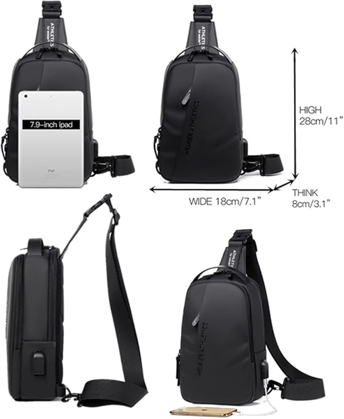 Waterproof Sling Bags Mens Shoulder Crossbody Backpack with USB Charging Port& Headphone,Outdoor Lightweight Bag
