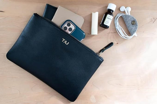 Personalized Leather Zipper Pouch – Monogrammed Travel Case for Pens, Pencils, or Cosmetics – Custom Leather Clutch – Bridesmaid or Bachelorette Gift – Handmade in USA