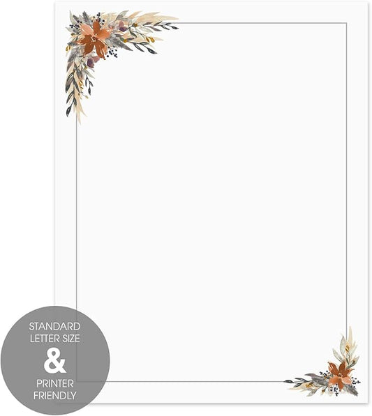 Indie Autumn Floral Letterhead / 50 Printed Sheets / 8.5" x 11" All Occasion Fall Celebration Paper/Decorative Boho Wedding Stationery Pack