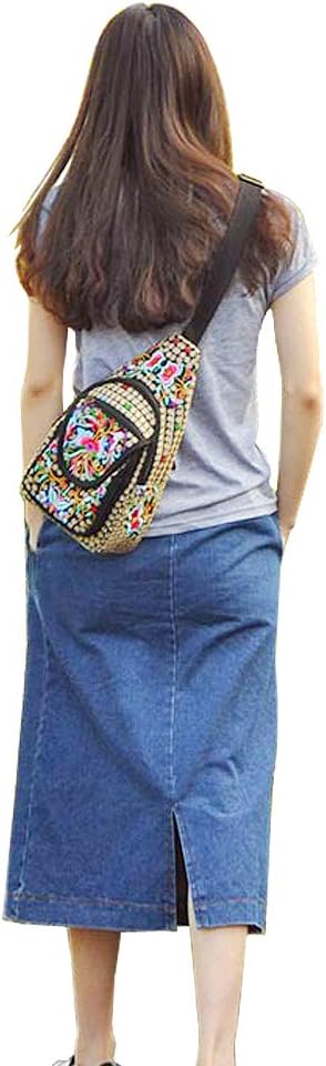 SILKAREA Embroidered Canvas Sling Backpack for Women Travel Chest Bag Crossbody Backpack Purse Shoulder Bag Medium