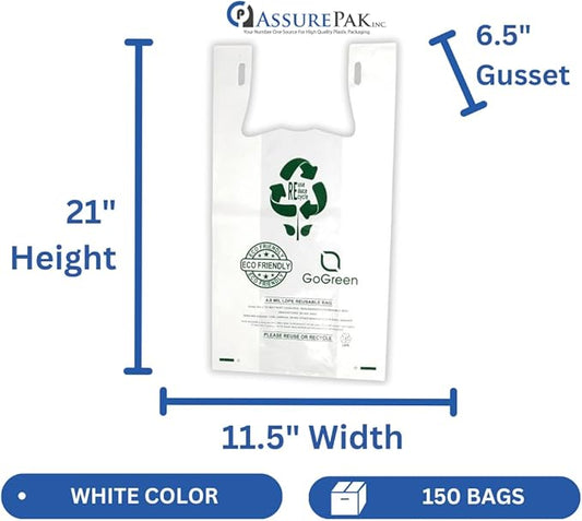 White Reusable/Eco-Friendly LDPE T-Shirt - 1/6 BBL 11.5"X6.5"X21" - 150 Bags - 101 Micron (4.0 mil) - White - WHLD4MREUSE1221