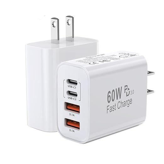 60W USB C Charger Block,2Pack 4-Port GaN USB C Charger Fast Charging Wall Plug Dual Type C+Dual USB-A Port,Multiport Power Adapter Cube for iPhone 17 Pro Max/16e/15/14/13/12/11,iPad Pro/Air/Mini