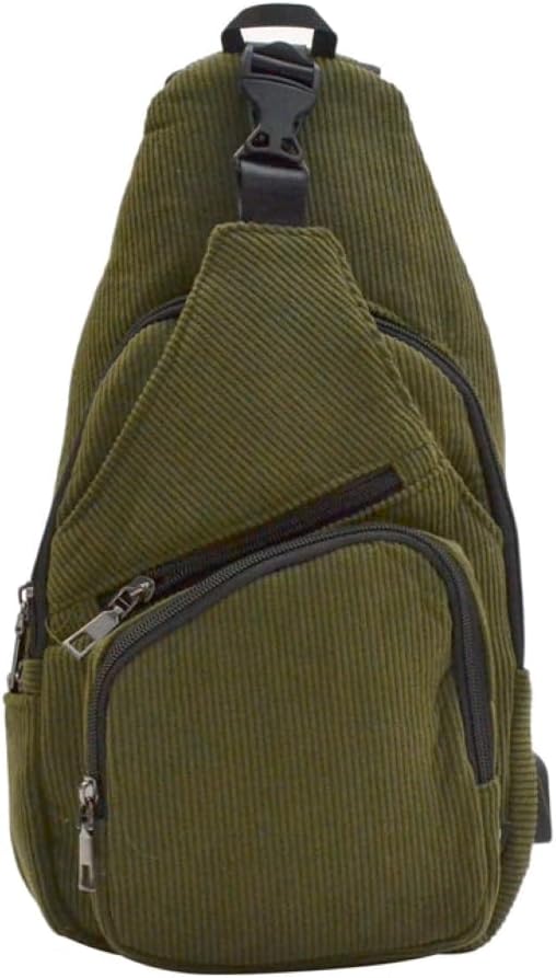 Anti-Theft Daypack Crossbody Sling Backpack, USB Charging, Lightweight Day Pack for Travel, Hiking, Everyday, Large, Olive Corduroy