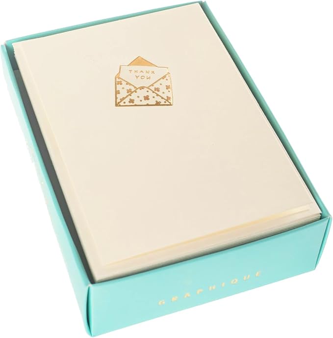 Graphique Just a Note La Petite Presse Boxed Notecards, 10 Embellished Gold Foil Blank Thank You Cards with Matching Envelopes and Storage Box, 3.25" x 4.75"