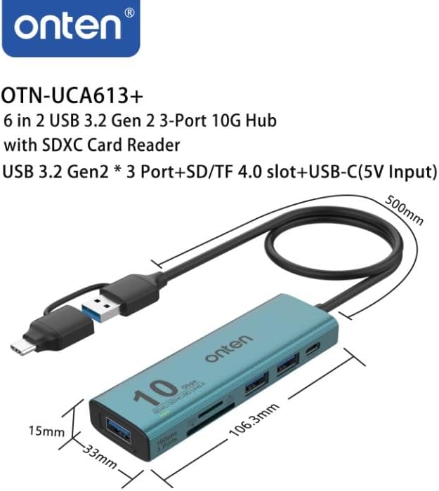 USB C USB A HUB, USB 3.2 GEN 2 10G Speed, USB A/USB C to USB A Adapter.with 3 USB A Ports(10G) and UHS-II SD/TF Ports, USB C UHS-II SD Card Reader Compatible with SD/SDHC/SDXC/Micro SD