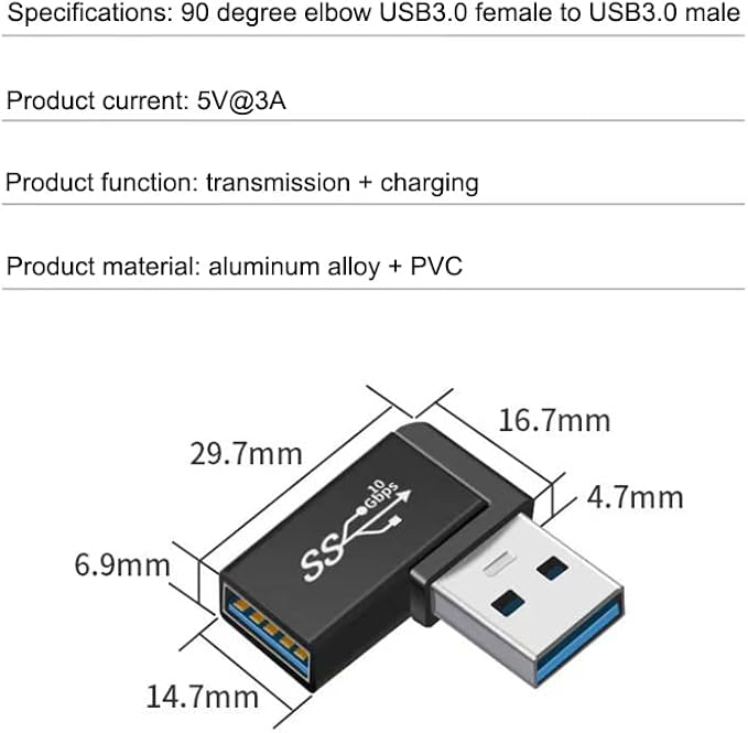 90 Degree Right Angle USB 3.0 Male to Female Expansion Adapter for Connecting Mobile Hard Disk, U Disk, Wireless Network Card, Camera, Mouse, Keyboard, etc. - Black 2pack