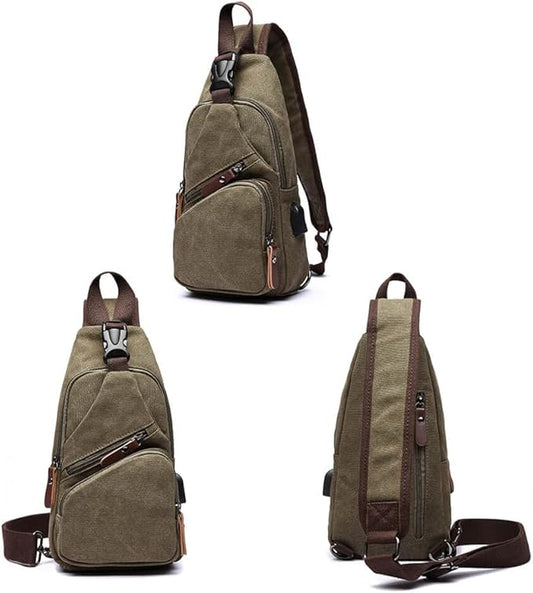 Canvas Sling Bag Crossbody Backpack Shoulder Casual Rucksack for Men Women Outdoor Cycling Hiking Travel Fishing Green