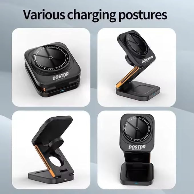 3-in-1 Foldable Wireless Charging Station for Phone, Watch and Earphones, Fast Charging Stand with Magnetic Mount (Black)