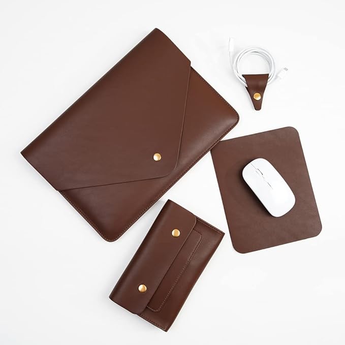 PU Leather Laptop Sleeve 13 Inch Compatible for 13 MacBook Air M3 M2,13 MacBook Pro M2, Surface Pro, Dell XPS 13 with Small Pouch, Mouse Pad and Cord Organizer Color Dark Brown