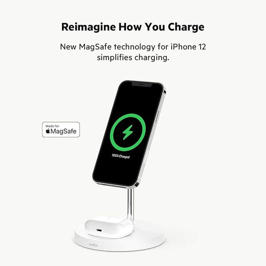 Belkin MagSafe 2-in-1 Wireless Charging Stand for Apple iPhone 13, 14, 15, 16, & AirPods - Fast Charging Station for Multiple Devices - White