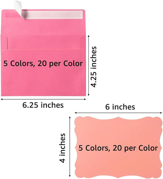 100 Pack A4 Envelopes with Colorful Blank 4x6 Cards Self-Adhesive Business Envelopes Invitations Cards Envelopes (5 Colors Pink, A4)