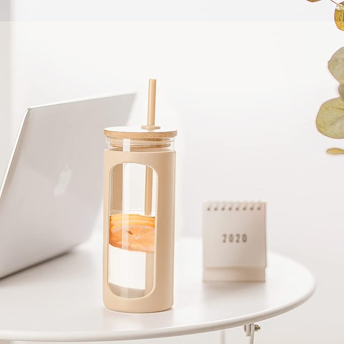 Kodrine 20oz Glass Tumbler with Straw and Lid, Iced Coffee Cups with Bamboo Lids, Glass Cups for Cold Drinks, Smoothie Cup with Silicone Sleeve for Travel, Work, BPA FREE-Oatmeal