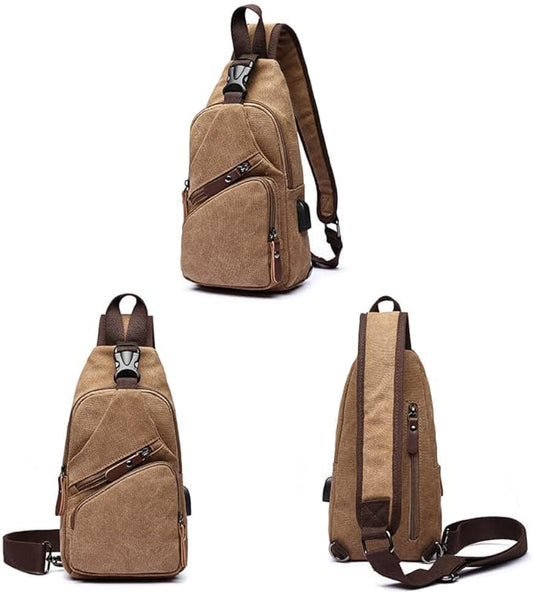 Canvas Sling Bag Crossbody Backpack Shoulder Casual Rucksack for Men Women Outdoor Cycling Hiking Travel Fishing Coffee