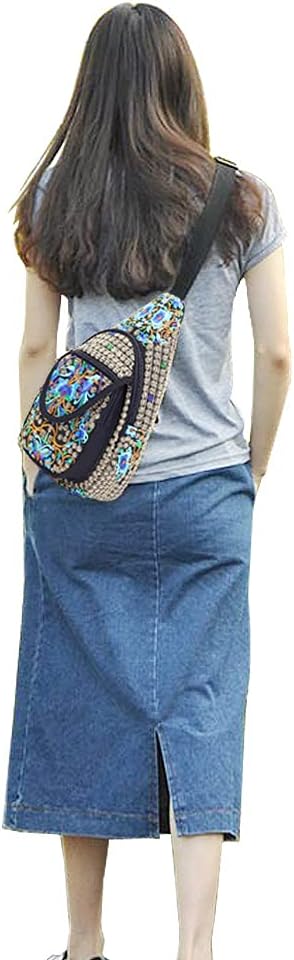 SILKAREA Embroidered Boho Small Sling Bag for Women Travel Chest Bag Crossbody Backpack Purse Shoulder Bag (Blue)