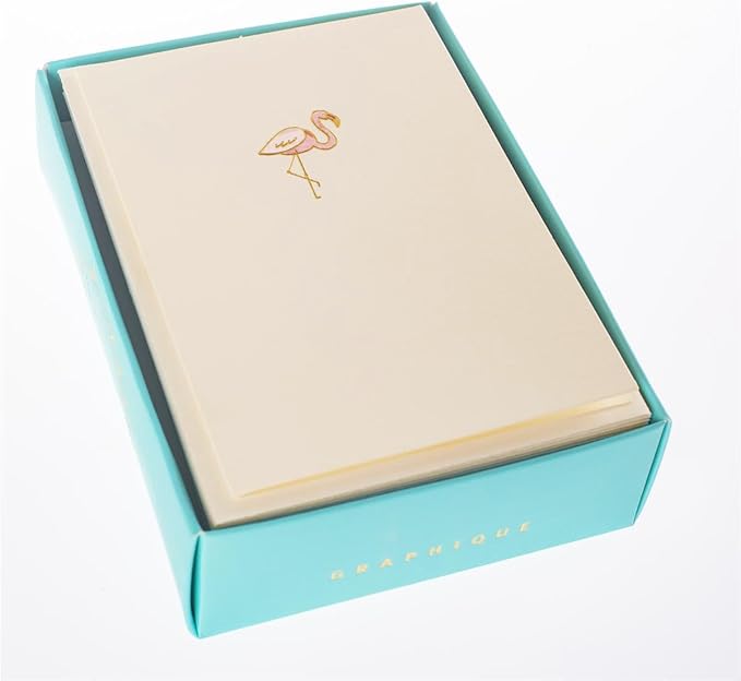 Graphique Pink Flamingo La Petite Presse Boxed Notecards - 10 Embossed and Embellished Gold Foil Pink Flamingo Blank Cards with Matching Envelopes, 3.25" x 4.75"