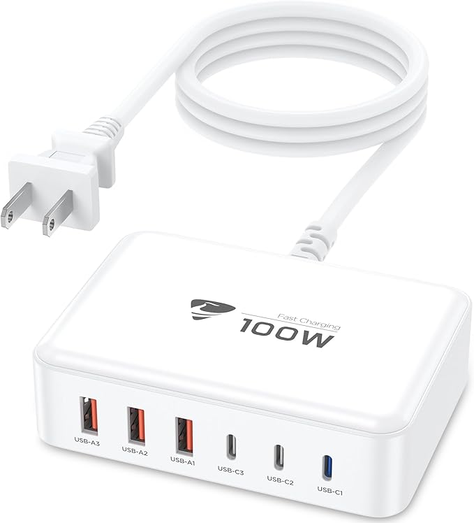 USB C Fast Charger, 100W GaN 6 Port USB C Fast Charging Station Hub Block Cube, QC USB A and PD USB c Wall Charger Power Multiple USB Charger Plug for iPhone 16 15 14 13 12 Pro Max, MacBook, Samsung