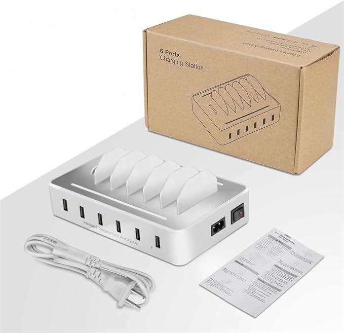 Charging Station for Multiple Devices,50W 6 USB Ports Family Charger Compatible with Apple iPhone iPad and Android Phone and Tablet