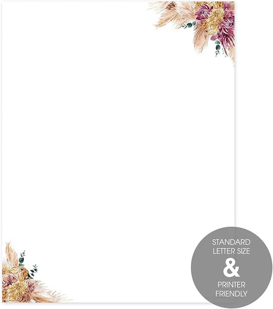 Tropical Boho Floral Letterhead / 40 Decorative Printer Sheets / 8.5" x 11" All Occasion Bridal Shower Celebration Paper/Beautiful Dried Flower Stationery