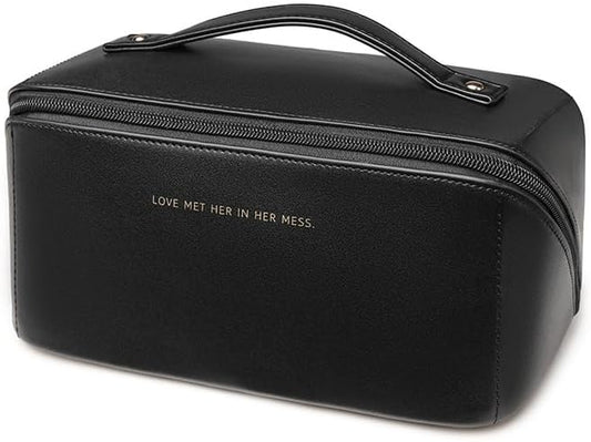 Travel Makeup Bag, Large Capacity Cosmetic Organizer Bags for Women, Waterproof PU Leather Toiletry Bags, Wide Open Flat Makeup Case with Divider and Handle