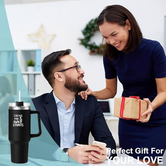 I Do My Own Stunts Tumbler - 40 oz Insulated Cup with Handle & Straw - Funny Get Well Gift for Men & Women, Broken Bone, Surgery Recovery, Knee or Leg Injury, Accident-Prone Coffee Mug