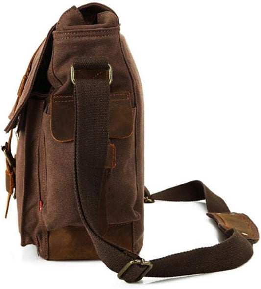 Sechunk Vintage Military Leather Canvas Laptop Bag Messenger Bags Medium