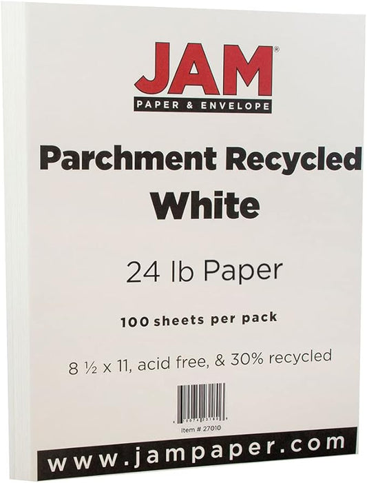 JAM PAPER Parchment 24lb Paper - 90 gsm - 8.5 x 11 - White Recycled - 100 Sheets/Pack