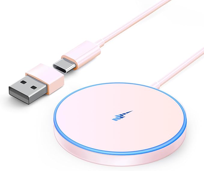 Magnetic Wireless Charger Fast Mag-Safe Charger for 16 Pro Max/16 Pro/16/16 Plus/15/14/13/12 Series AirPods 3/2/Pro/Pro 2 LED Magnet Charging Pad with Dual Charging Ports Pink