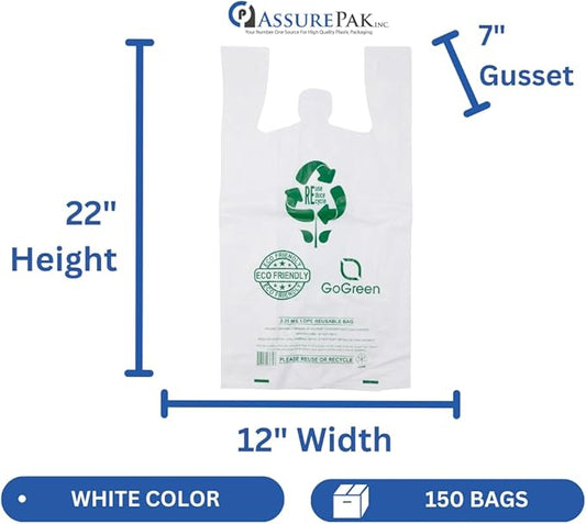 White Reusable/Eco-Friendly LDPE T-Shirt - 1/6 BBL 12"X7"X22" - 150 Bags - 57 Micron (2.25 mil) - White - WHLD40REC225REU12722 - AssurePak