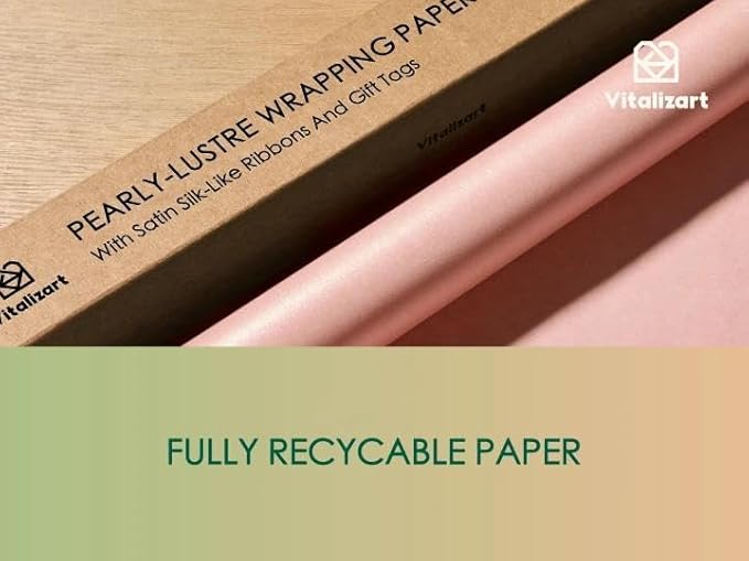 Vitalizart Pink Wrapping Paper Set 17" Pearly-Lustre With Silk Like Satin Ribbon & Gift Tags Recyclable Christmas Gift Wrapping Birthday Baby Shower Wedding Handmade Crafts 197"(16.4 Ft)