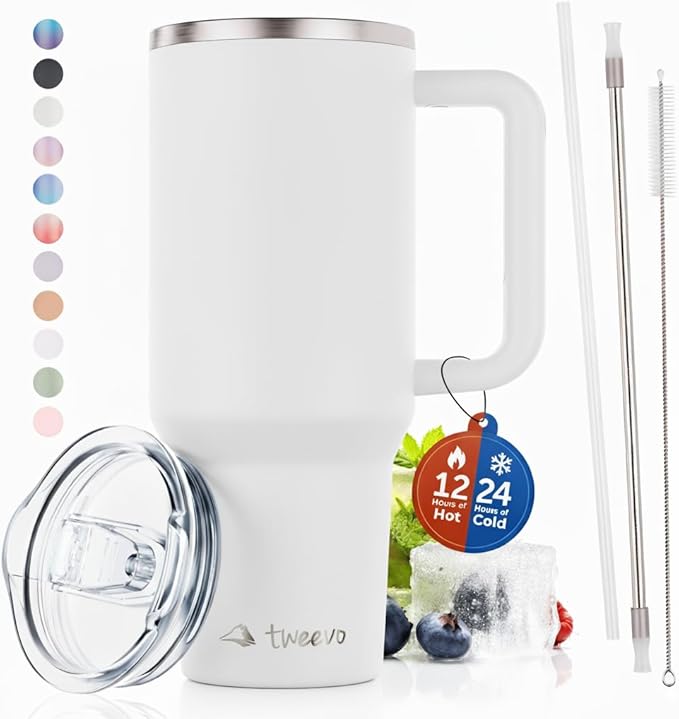 40 oz Tumbler With Handle and Straw Made of Stainless Steel - Double Wall Vacuum Insulated Tumbler With Lid - Sweat Proof Easy Grip, BPA-Free, Dishwasher Safe Tumbler (White)