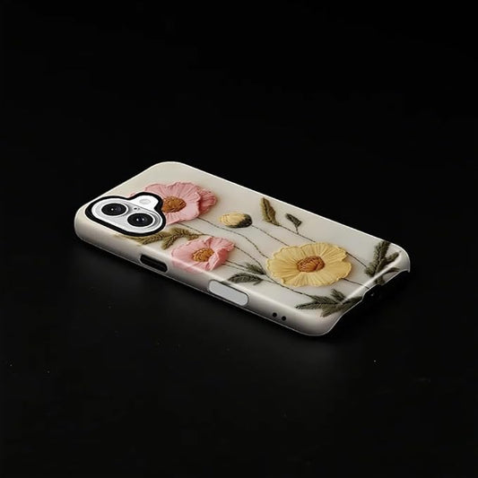 Case for iPhone 16 Case,Faux Embroidery Boho Floral Design - Hybrid Dual Protection Silicone + Hard PC Shockproof Full Body Cover Slim Anti-Scratch Protective Case for Men Women