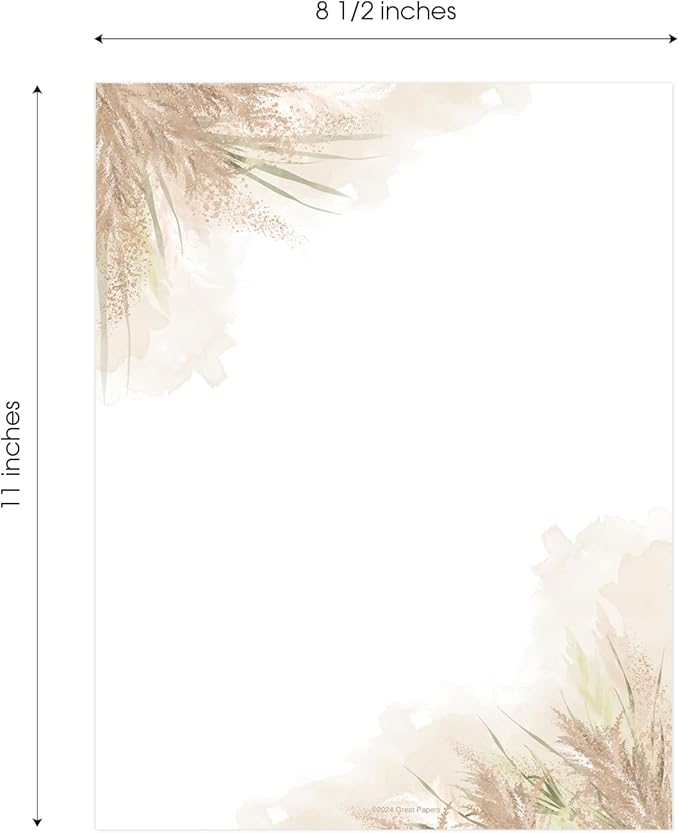 Pampas Grass Letterhead / 40 Decorative Printer Sheets / 8.5" x 11" All Occasion Bridal Shower Celebration Special Event Paper/Beautiful Watercolor Floral Stationery