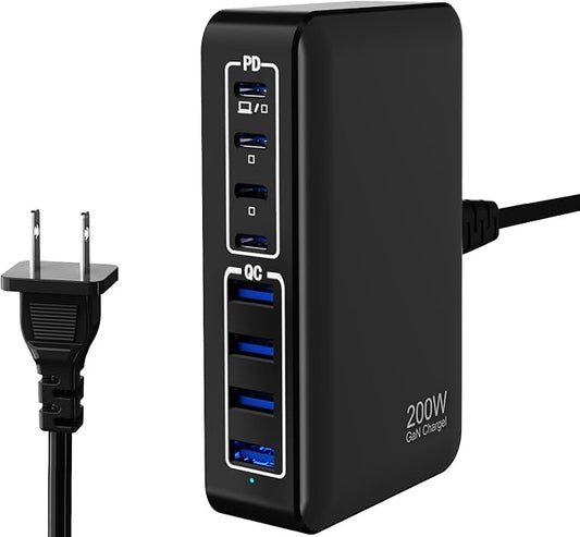 GaN 200W 8-Port USB Fast Charging Station | PD 65W Laptop & Multi-Device Adapter | Compatible with MacBook Pro/Air, iPhone 16/15/14, Galaxy S23/22 (Black)