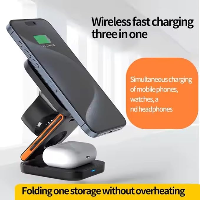 3-in-1 Foldable Wireless Charging Station for Phone, Watch and Earphones, Fast Charging Stand with Magnetic Mount (Black)