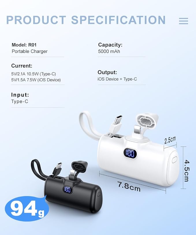 5000mAh Power Bank Mini Portable Charger with Lightning and USB-C Ports LCD Display Battery Pack Compatible with iPhone and Android Smartphone