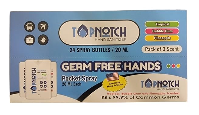 TOP NOTCH Hand Sanitizer, Pack of 24 Pocket Spray (20ml) Variety Pack Tropical, Bubblegum, Pineapple