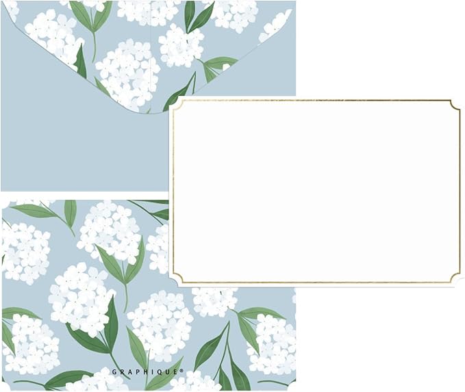 Graphique All Occasion Flat Notes, Pack of 50 Blank Index Cards with Envelopes & Decorative Storage Box, Thick Cardstock Stationary Gift, White Hydrangeas, 5.625” x 3.5”