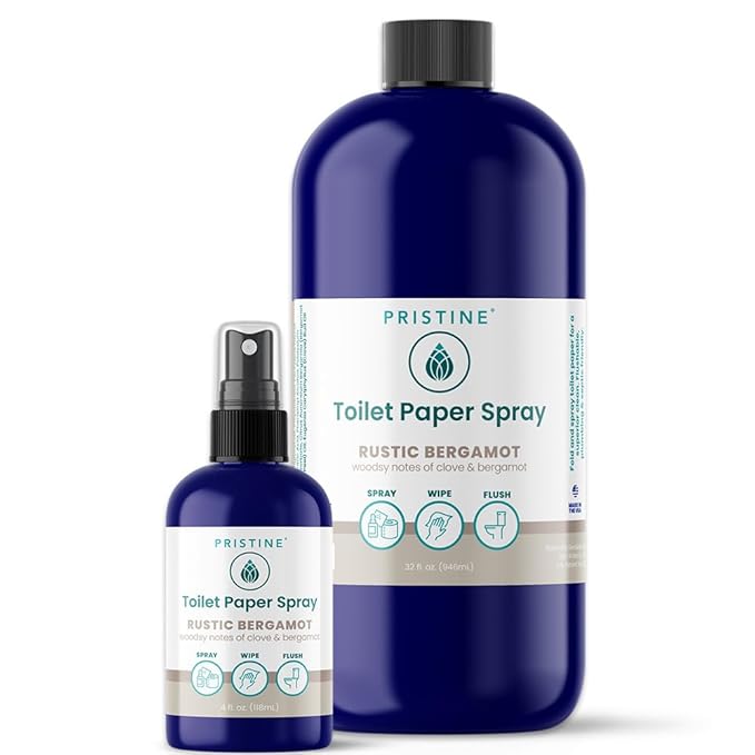 PRISTINE Toilet Paper Spray Instead of Wipes and Bidets - Like Foam Alternative and Gel Alternatives to Wipes, is a Refreshing Bidet Attachment Substitute, Rustic Bergamot, 32 fl oz Refill