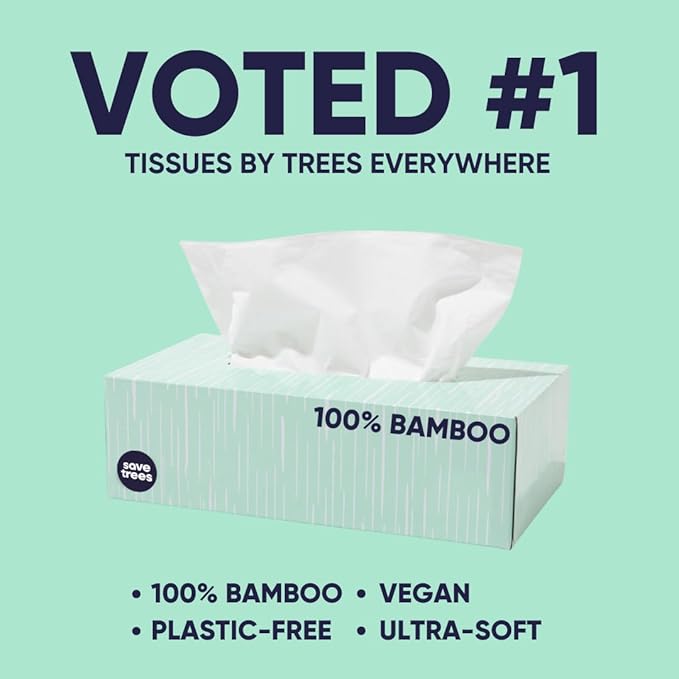 Save Trees Bamboo Facial Tissues - 12 Boxes of Eco-Friendly, 3-Ply Hypoallergenic Tissues, 90 Sheets per Box, FSC Certified, Plastic-Free Packaging, Soft & Gentle for Home Use