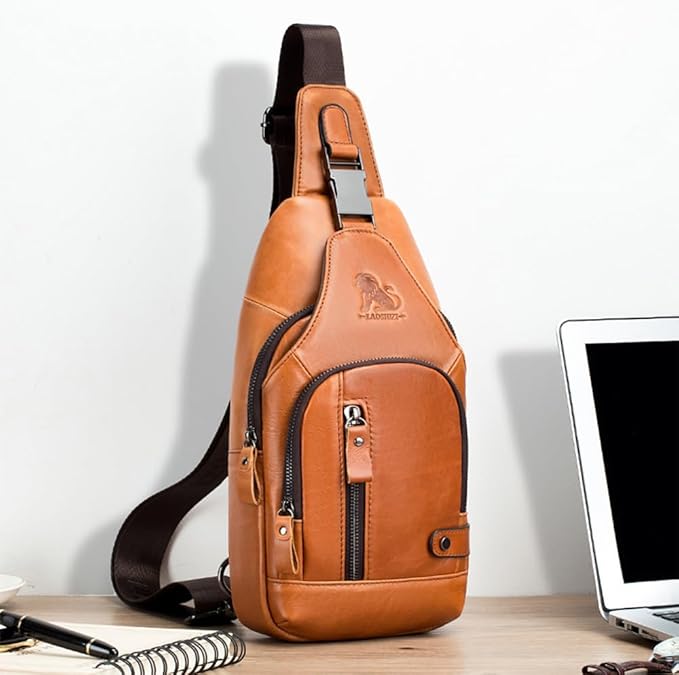pundarika Leather Sling Bag for Men,small Crossbody Shoulder bag for men,men’s shoulder pack crossbody sling backpack.-brown