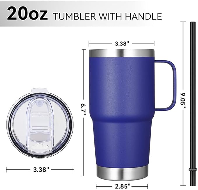 VEGOND 20 oz Tumbler Bulk with Handle Lid and Straw, Stainless Steel Insulated Travel Coffee Mug Set, Spill Proof Double Wall Metal Tumblers Cups, Powder Color Royal Blue 12 Pack