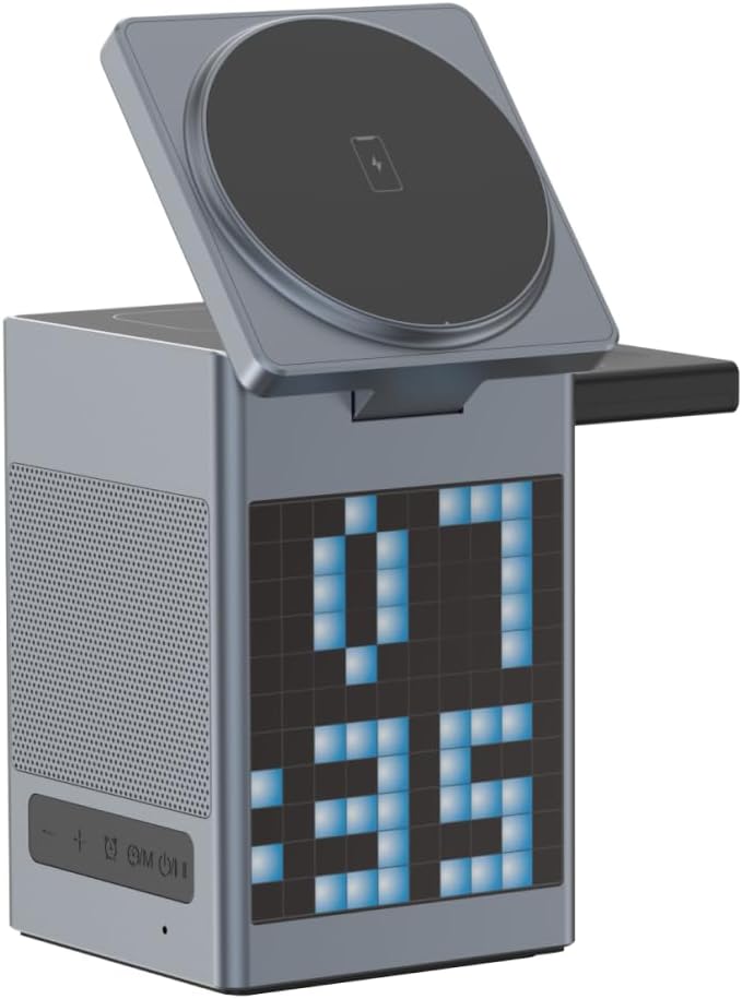 M.A.D LAB 15W Fast Charging Station - Pixel Animation Display Alarm Clock with Bluetooth Speaker, iPhone Charging Station for Apple Watch, AirPods, AirPods Pro 2 and Android Phones - Black Color