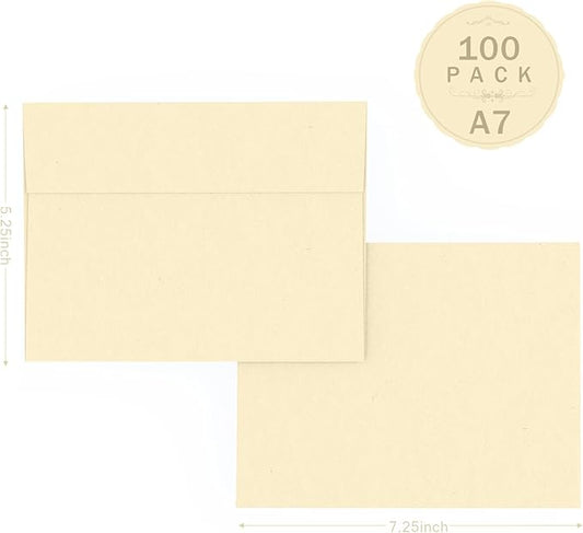A7 Ivory Envelopes 100 Pack, Goefun 5x7 Self Seal Cream Envelopes for Invitation, 5x7 Cards, Wedding, Graduation, Mailing, 5.25 x 7.25 in, 120GSM