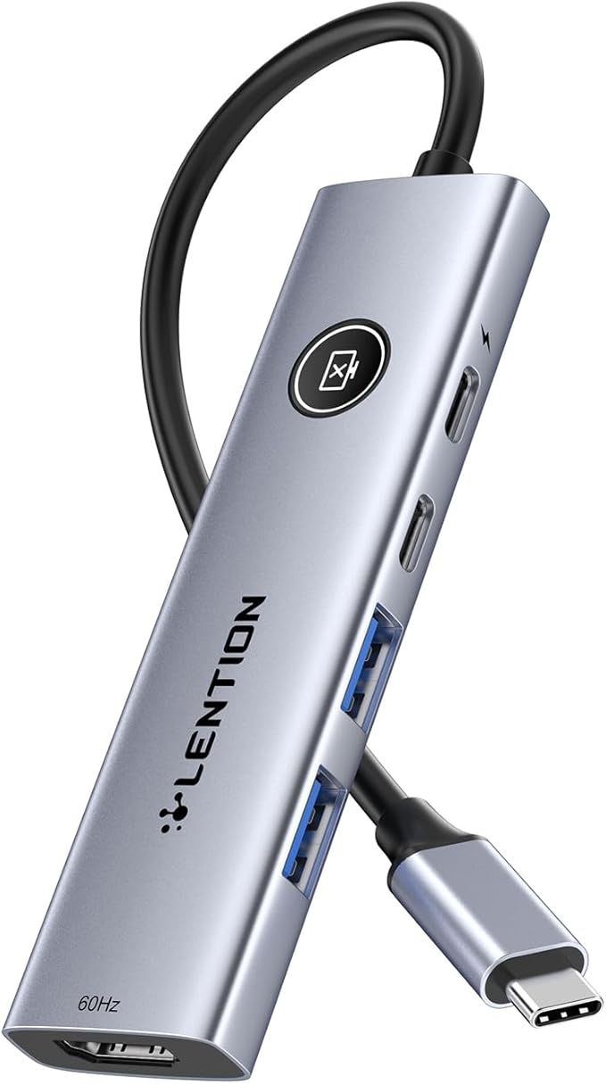 LENTION USB C Multiport Adapter, 5-in-1 USB C Hub with HDMI 4K@60Hz, USB A 3.0, Type C 3.0, 100W PD Charging, Multiport USB Adapter with Screen On/Off Button for MacBook and Other Type C Devices