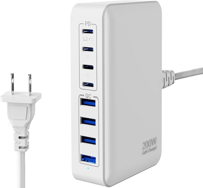 GaN 200W 8-Port USB Fast Charging Station | PD 65W Laptop & Multi-Device Adapter | Compatible with MacBook Pro/Air, iPhone 16/15/14, Galaxy S23/22 (White)
